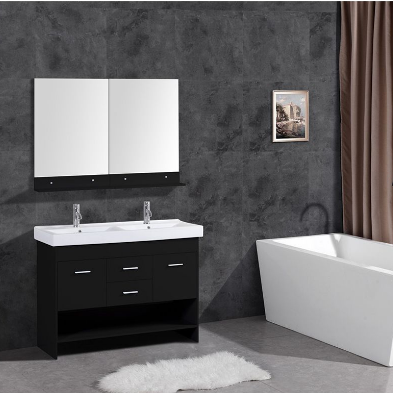 mobilier baie negru cu dublu lavoar si doua oglinzi